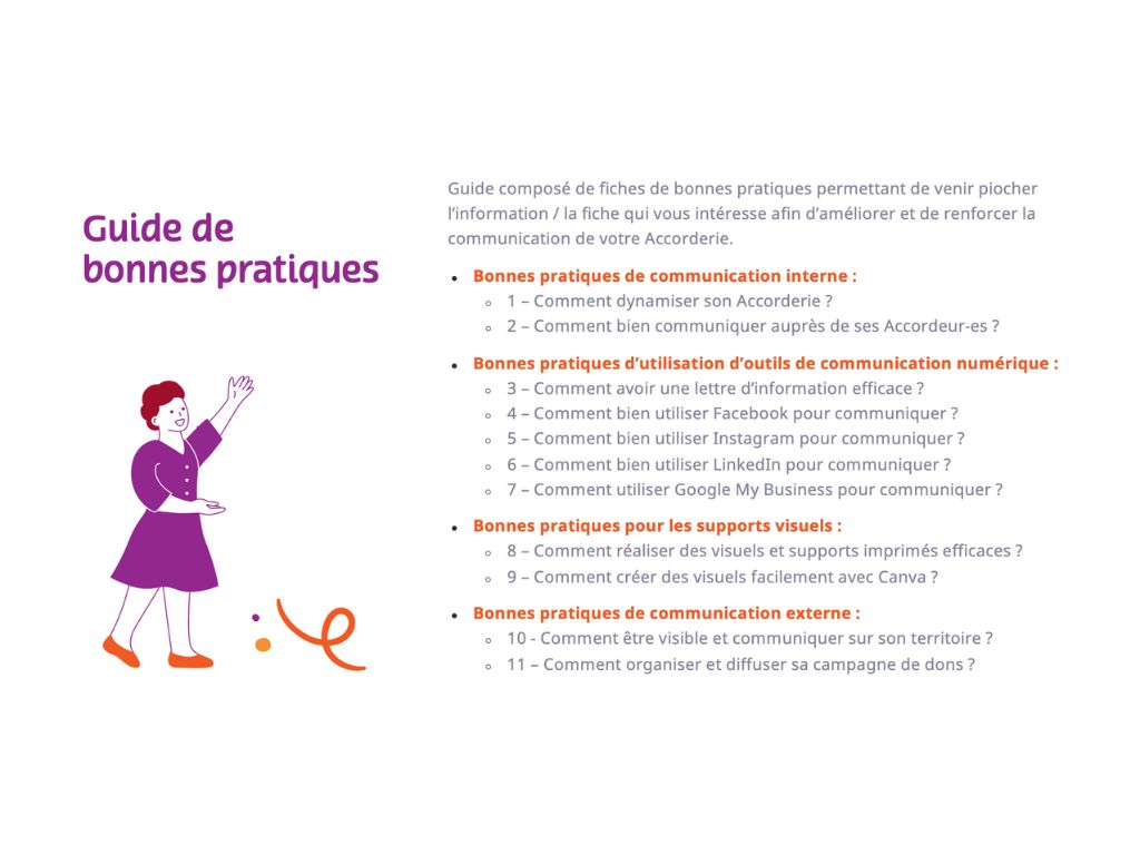 Illustration de la mission d'élaboration d'un guide de bonnes pratiques communication pour le Réseau des Accorderies en 2023